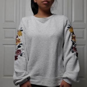 White and grey crew neck with floral embroidery